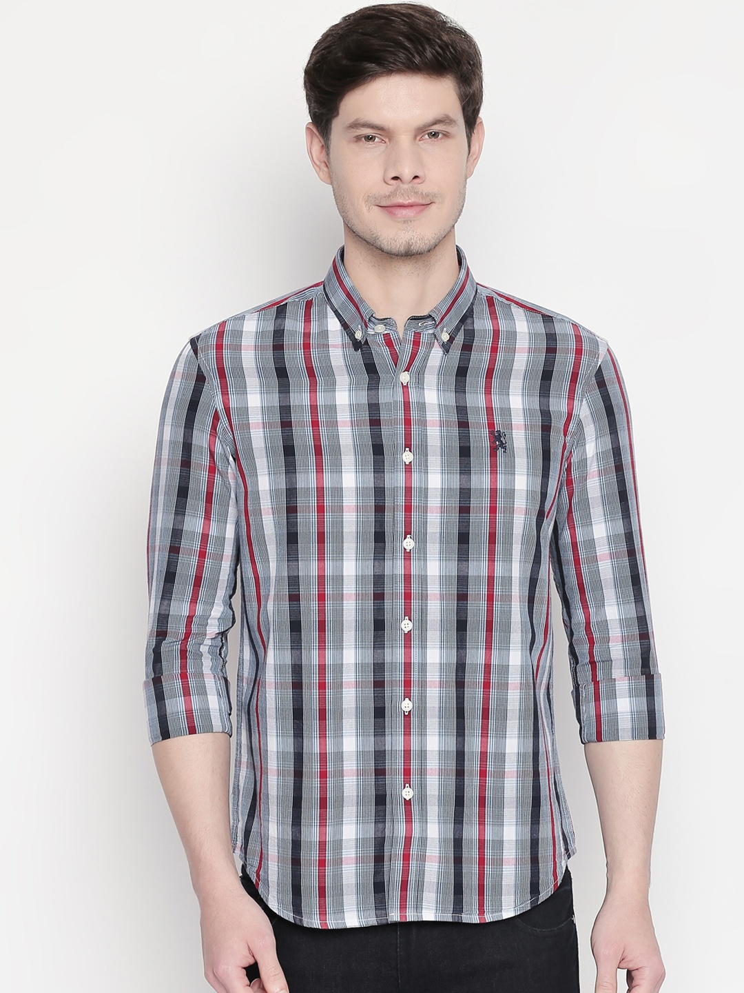 

GIORDANO Men Grey & Red Regular Fit Checked Casual Shirt