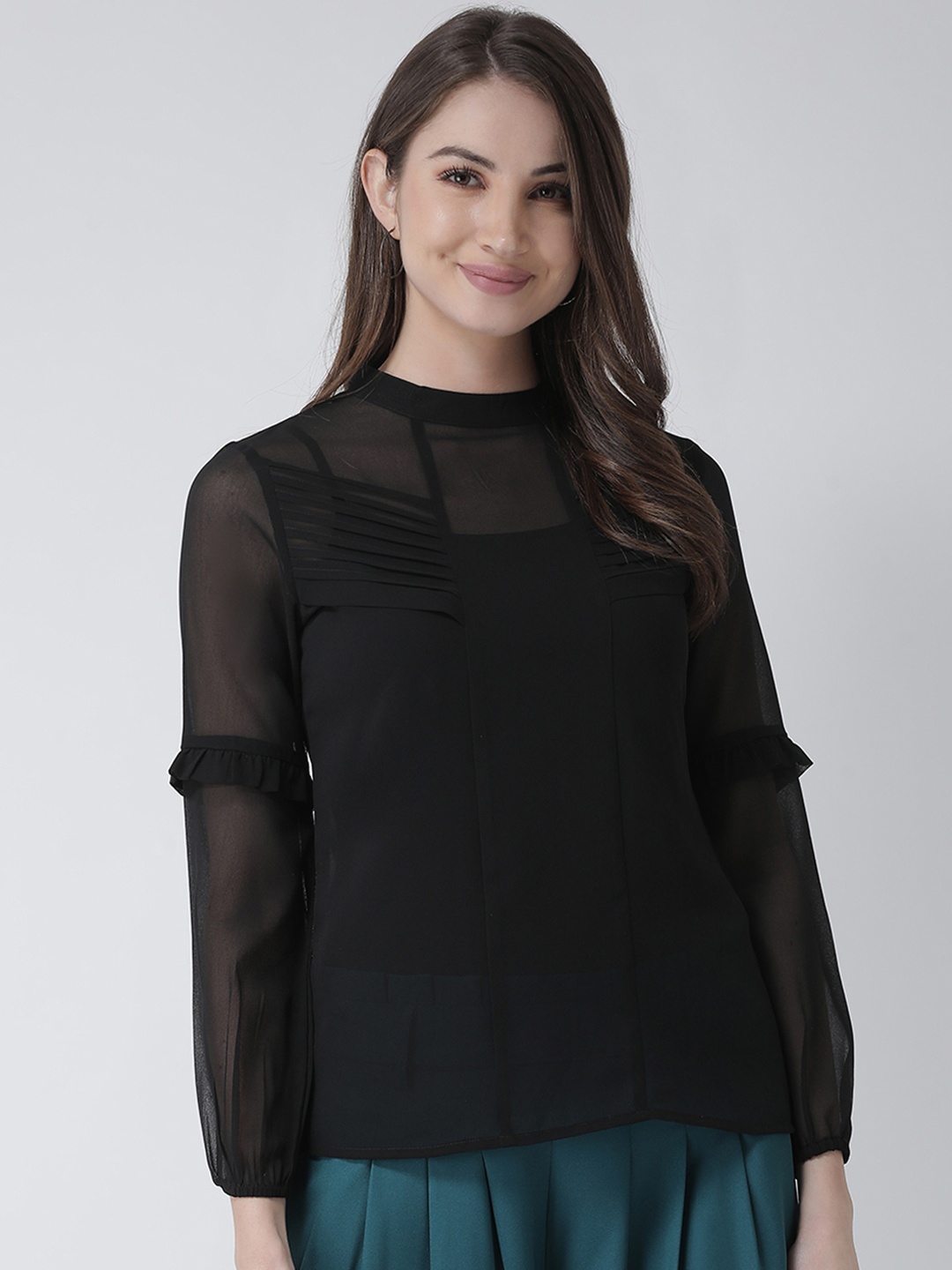 

KASSUALLY Women Black Solid A-Line Top