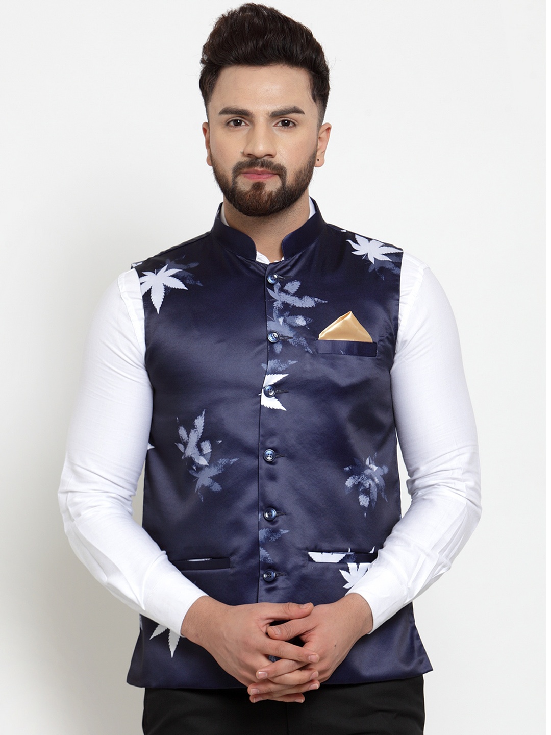 

KLOTTHE Men Navy Blue Printed Satin Nehru Jacket