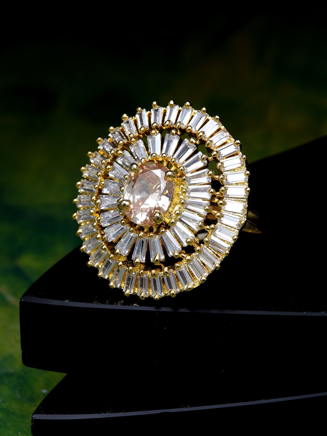

Bhana Fashion Gold-Plated & White American Diamond Handcrafted Oval Finger Ring