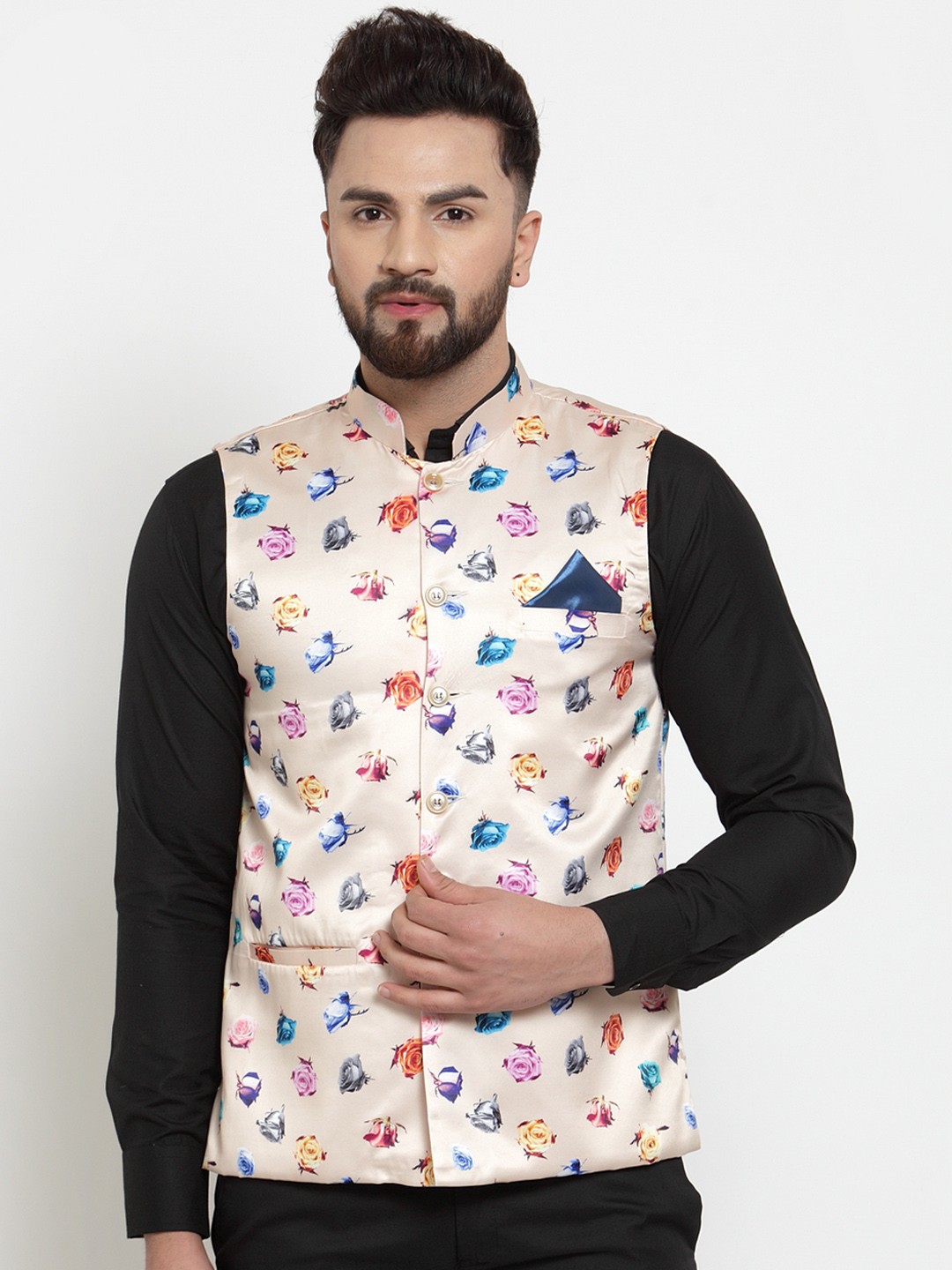 

KLOTTHE Men Beige & Purple Printed Nehru Jacket