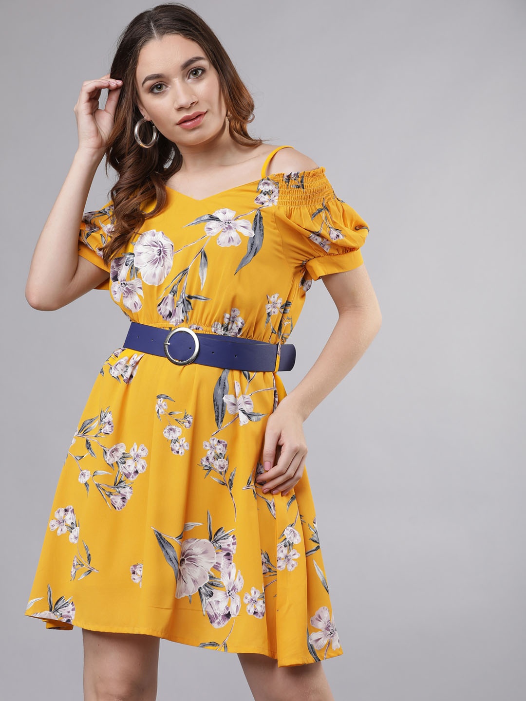 

Tokyo Talkies Women Yellow And White Printed Fit and Flare Dress