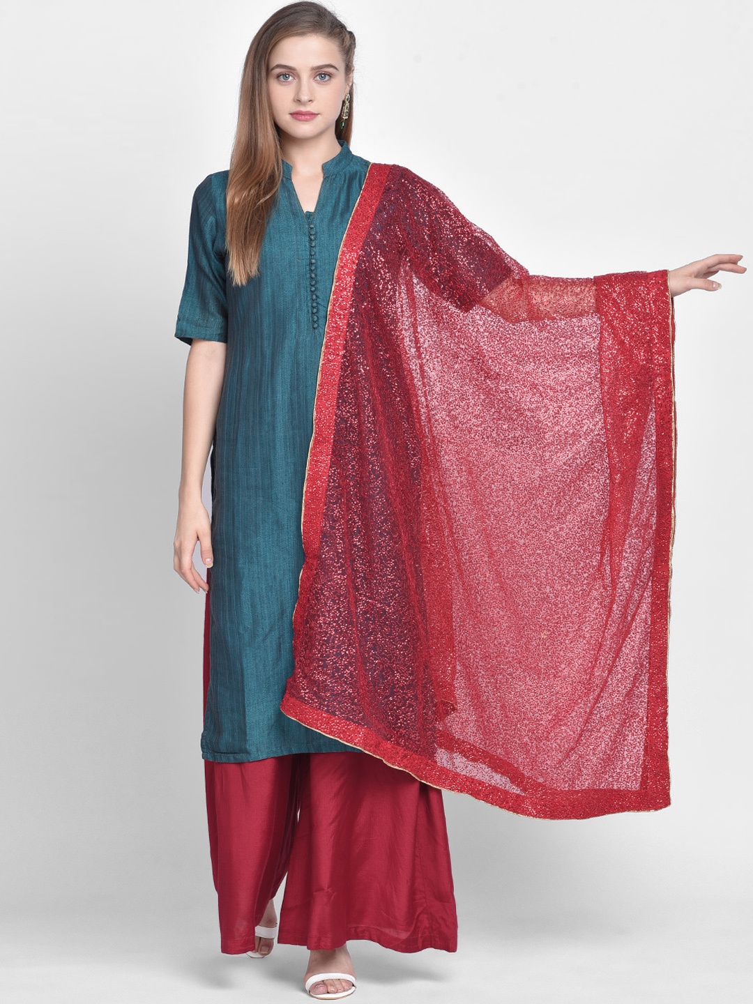 

Dupatta Bazaar Women Red Sequinned Dupatta