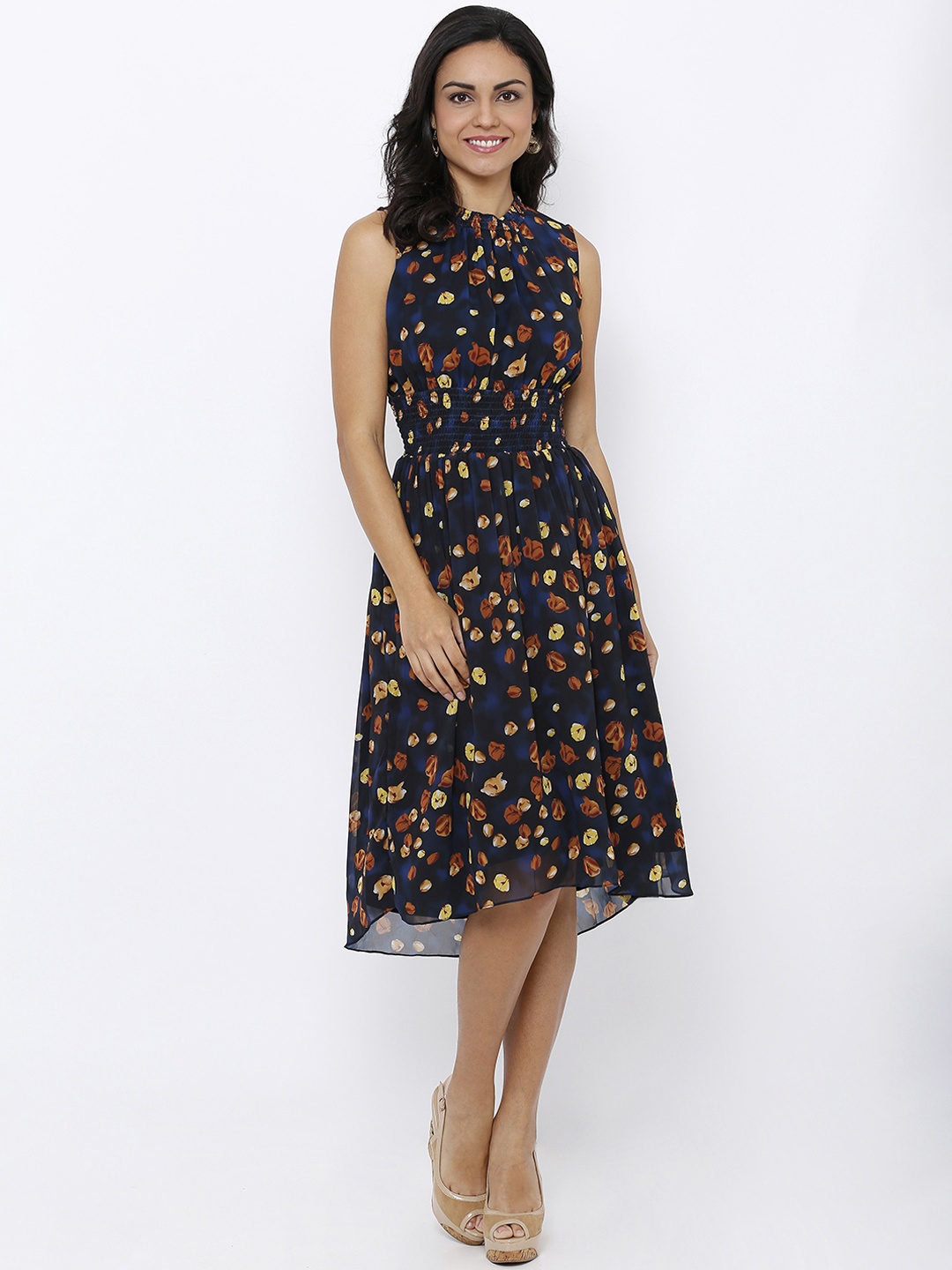 

Soie Women Navy Blue & Orange Printed Fit and Flare Dress
