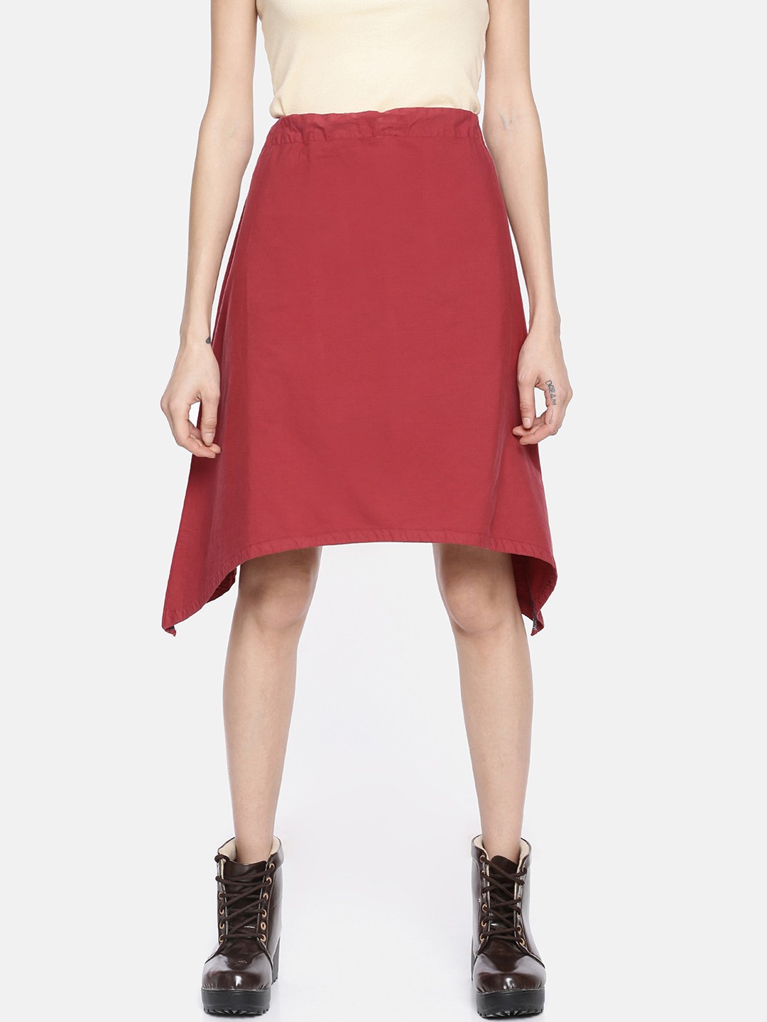 

GRASS by Gitika Goyal Women Maroon Solid A-Line Cherry Asymmetric Knee-Length Skirt