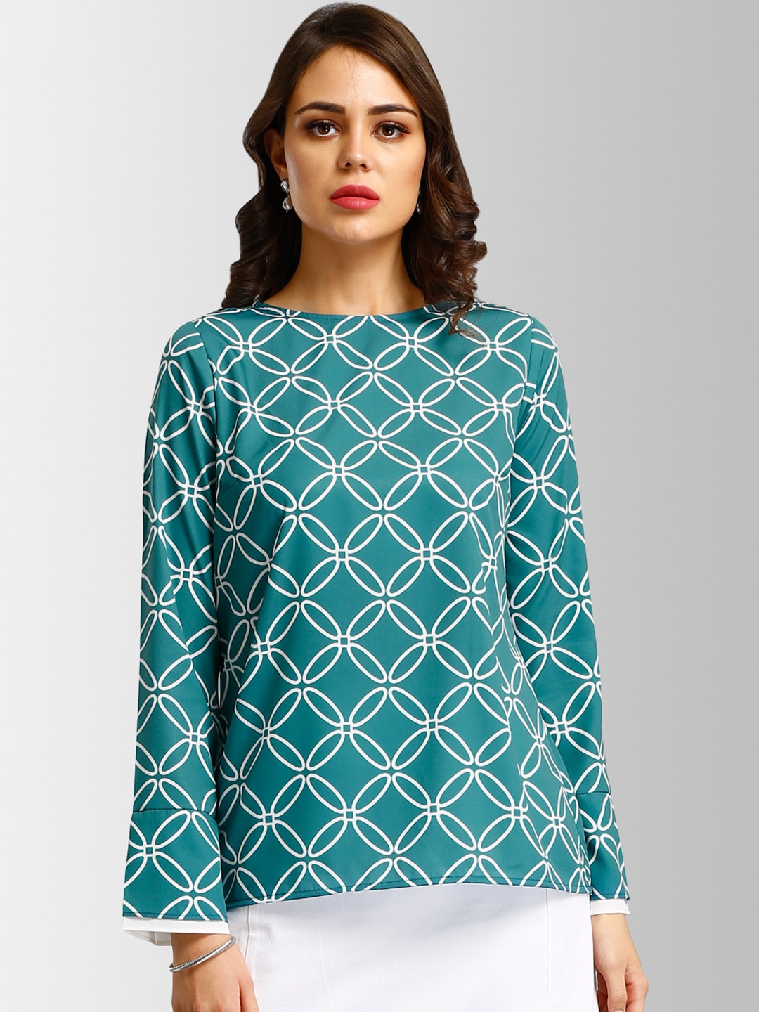 FableStreet Women Green & White Printed Top
