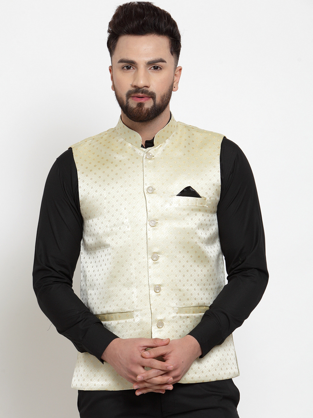 

KLOTTHE Men Beige Embellished Satin Nehru Jacket
