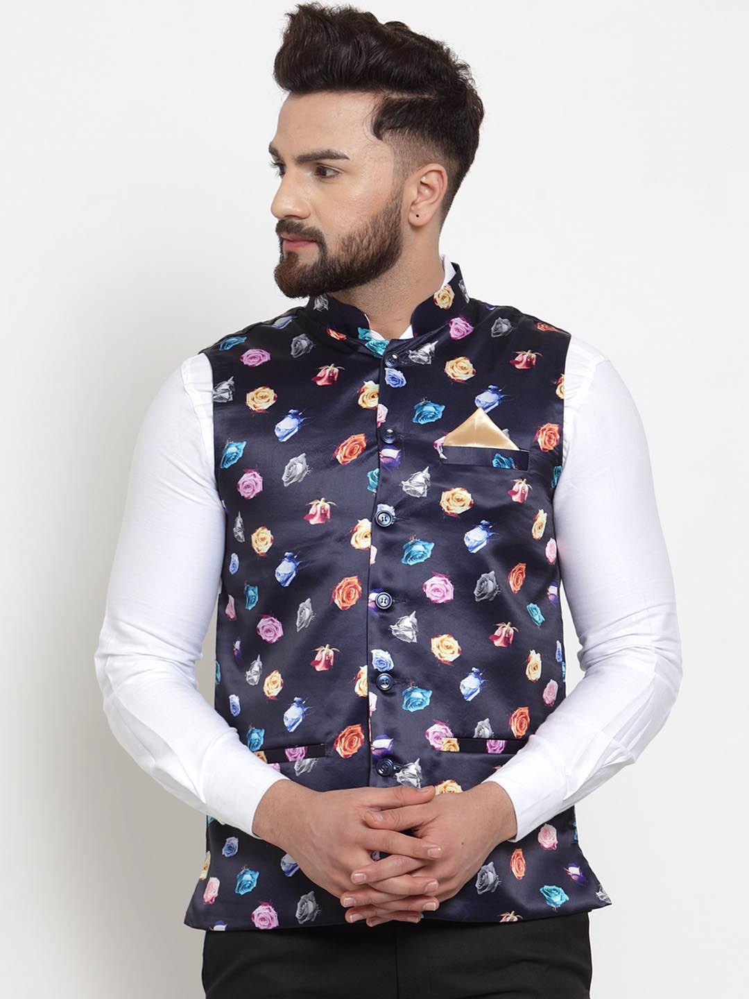 

KLOTTHE Printed Cotton Blend Nehru Jacket, Blue