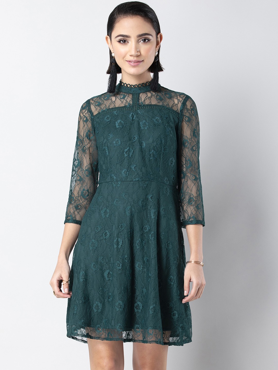 

FabAlley Women Green Self Design Fit and Flare Dress