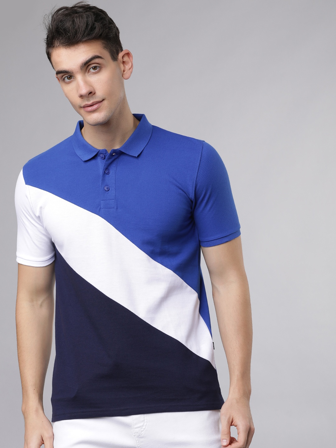 

HIGHLANDER Men Blue & White Colourblocked Polo Collar T-shirt