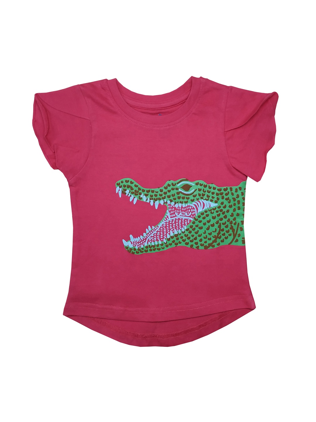 

KiddoPanti Girls Pink Green Printed Round Neck Pure Cotton T-shirt
