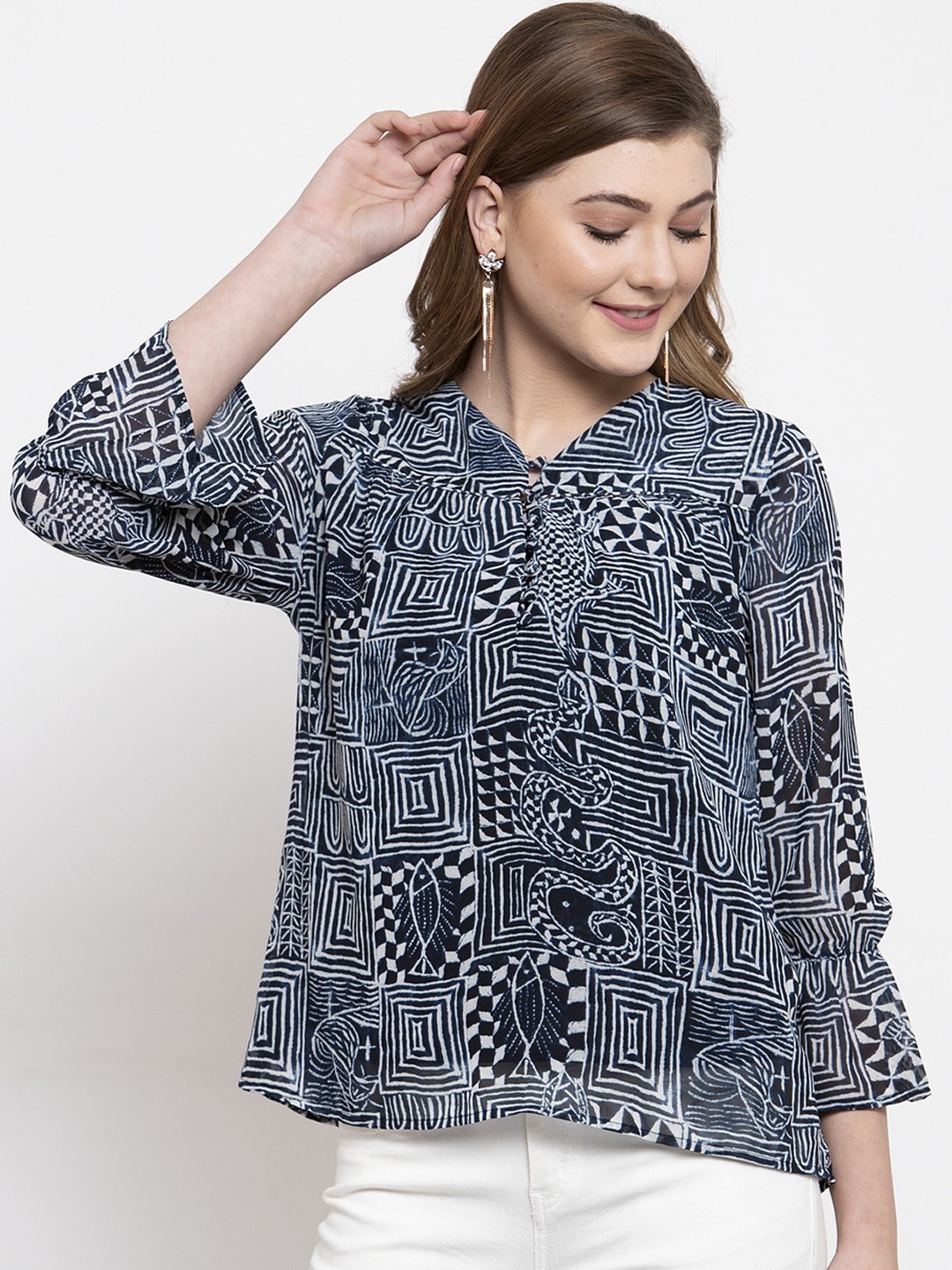 

Gipsy Women Navy Blue & White Printed A-Line Top