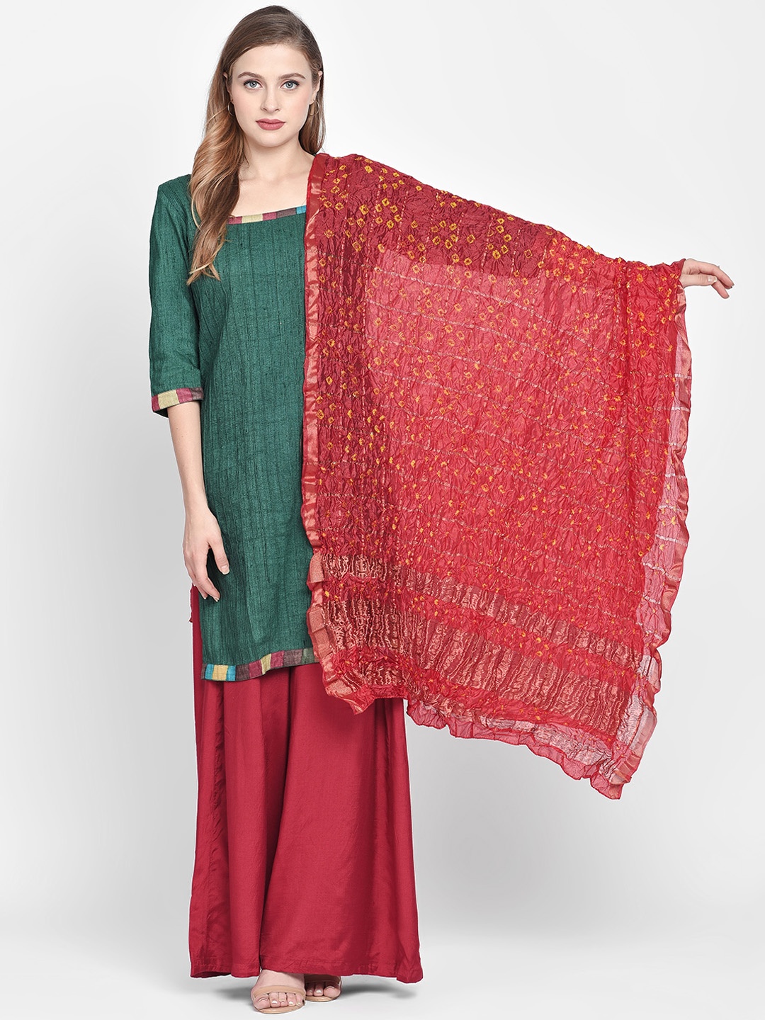 

Dupatta Bazaar Women Red & Yellow Bandhini Gharchola Dupatta