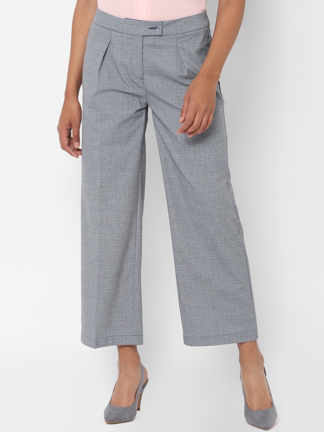 

Allen Solly Woman Blue & Grey Regular Fit Checked Parallel Trousers