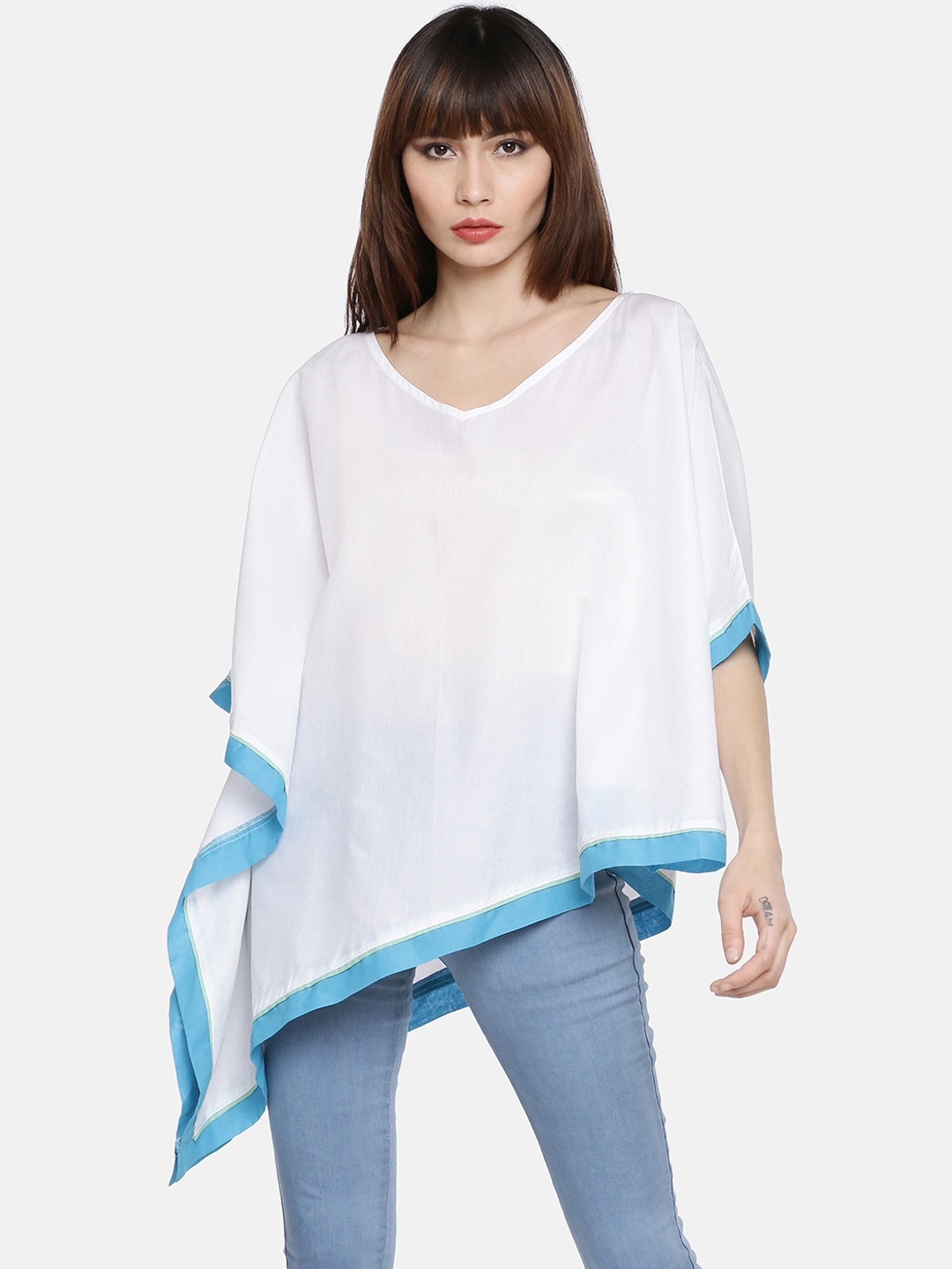 

GRASS by Gitika Goyal Women White Solid Kaftan Pure Cotton Top