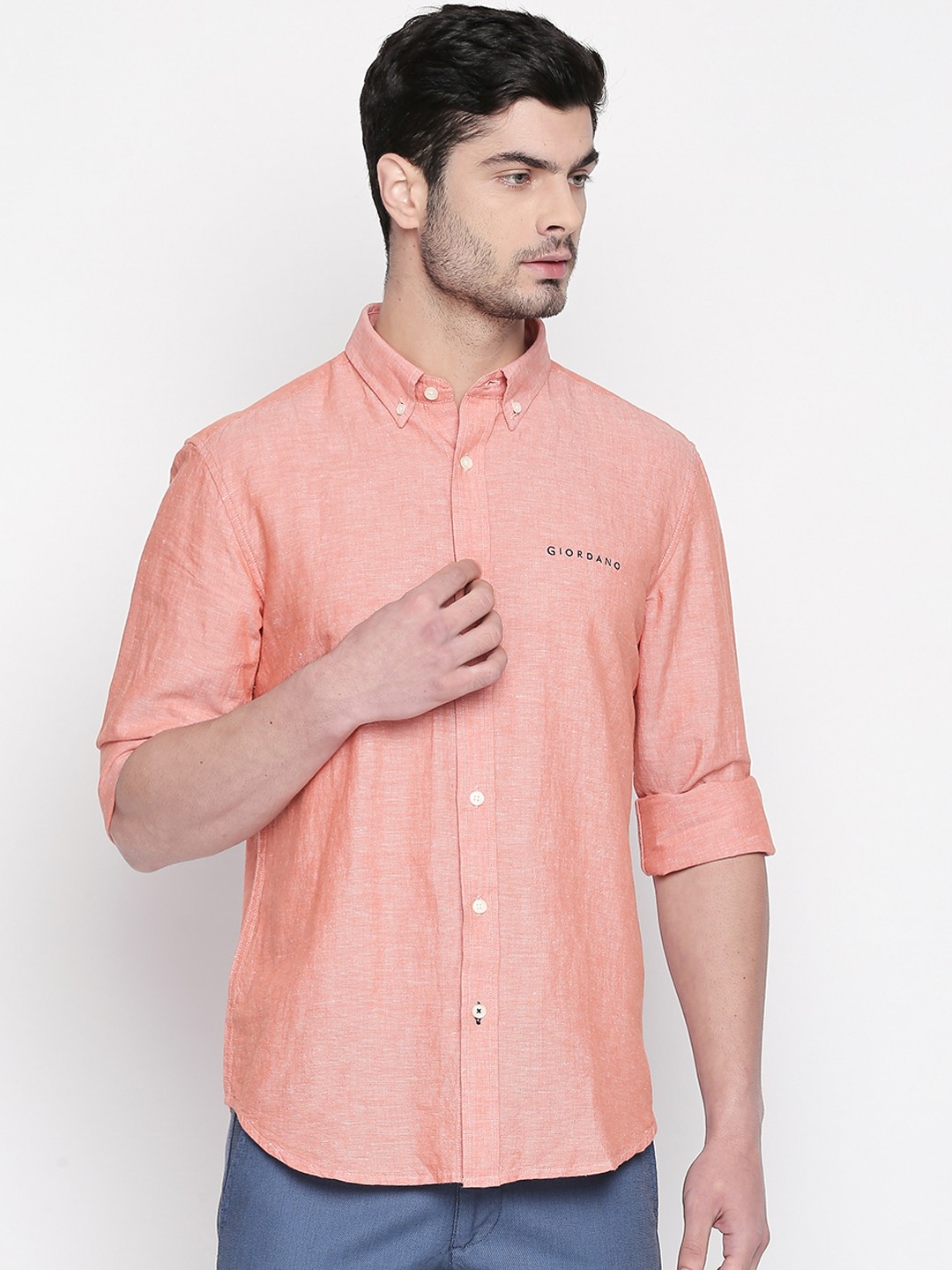 

GIORDANO Men Coral Orange Smart Regular Fit Self Design Casual Shirt