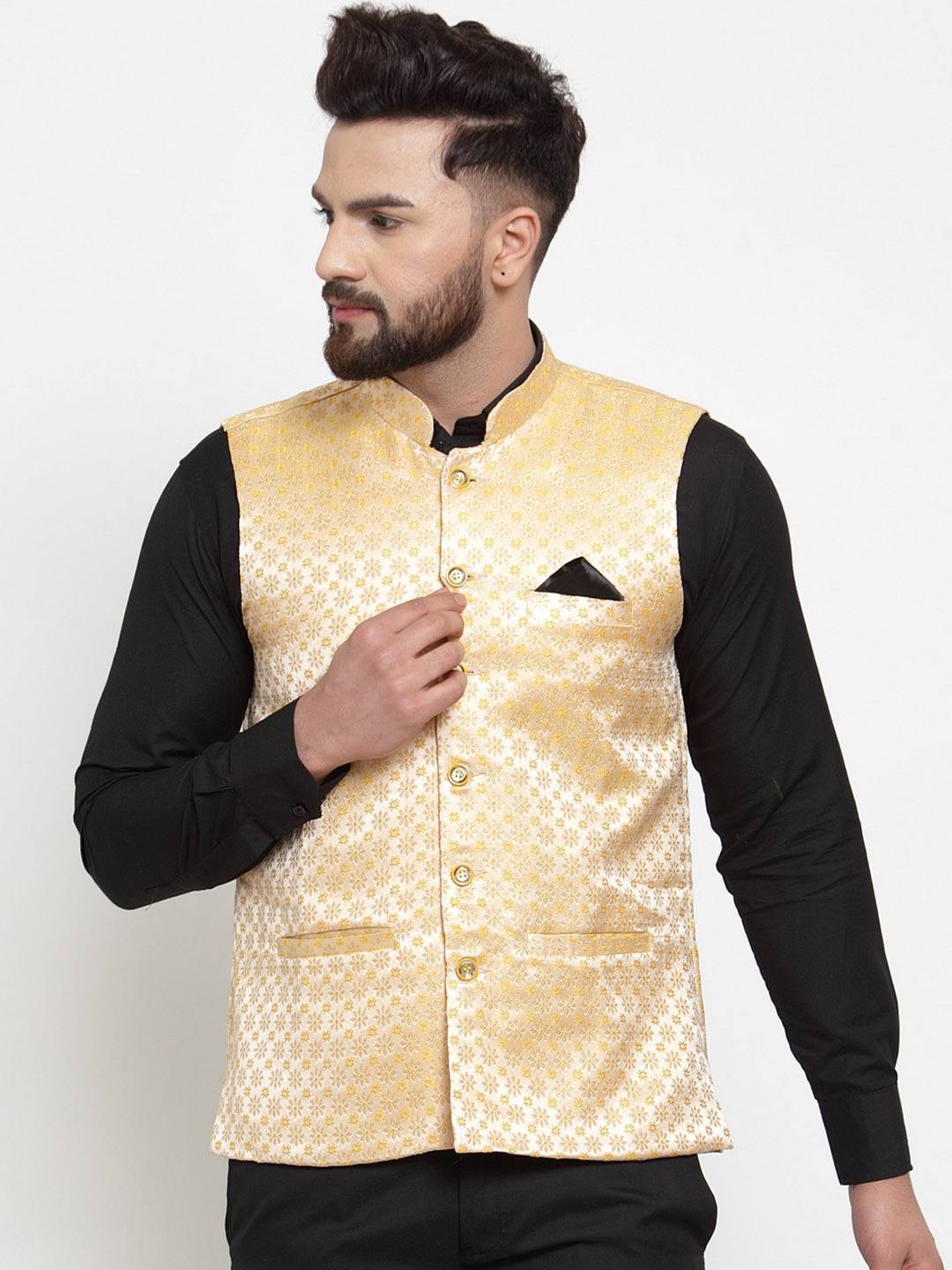 

KLOTTHE Men Beige & Yellow Woven Design Satin Nehru Jacket
