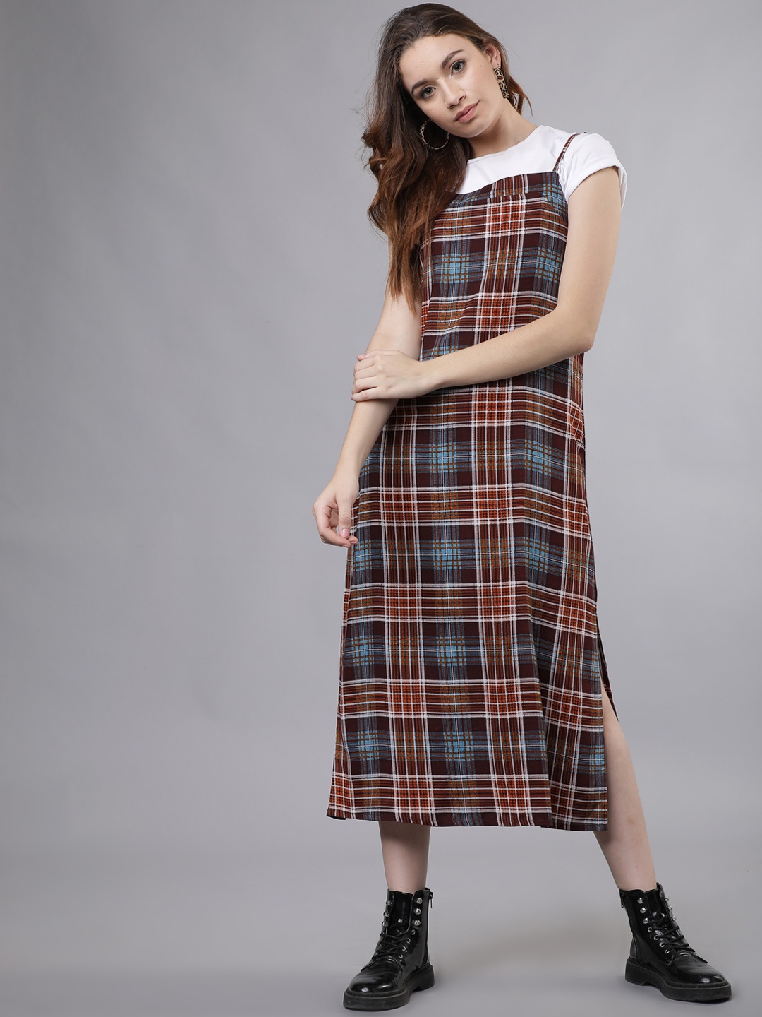 

Tokyo Talkies Women Burgundy And Blue Checked A-Line Dress