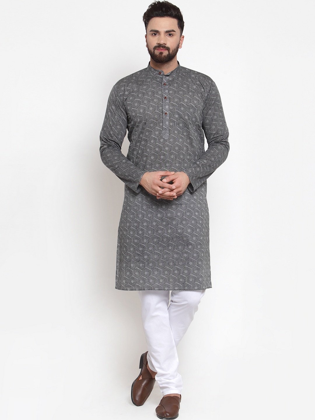 Jompers Men Grey & White Printed Kurta with Churidar