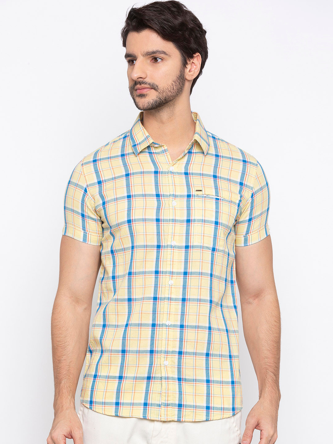 

SPYKAR Men Yellow & Blue Slim Fit Checked Casual Shirt