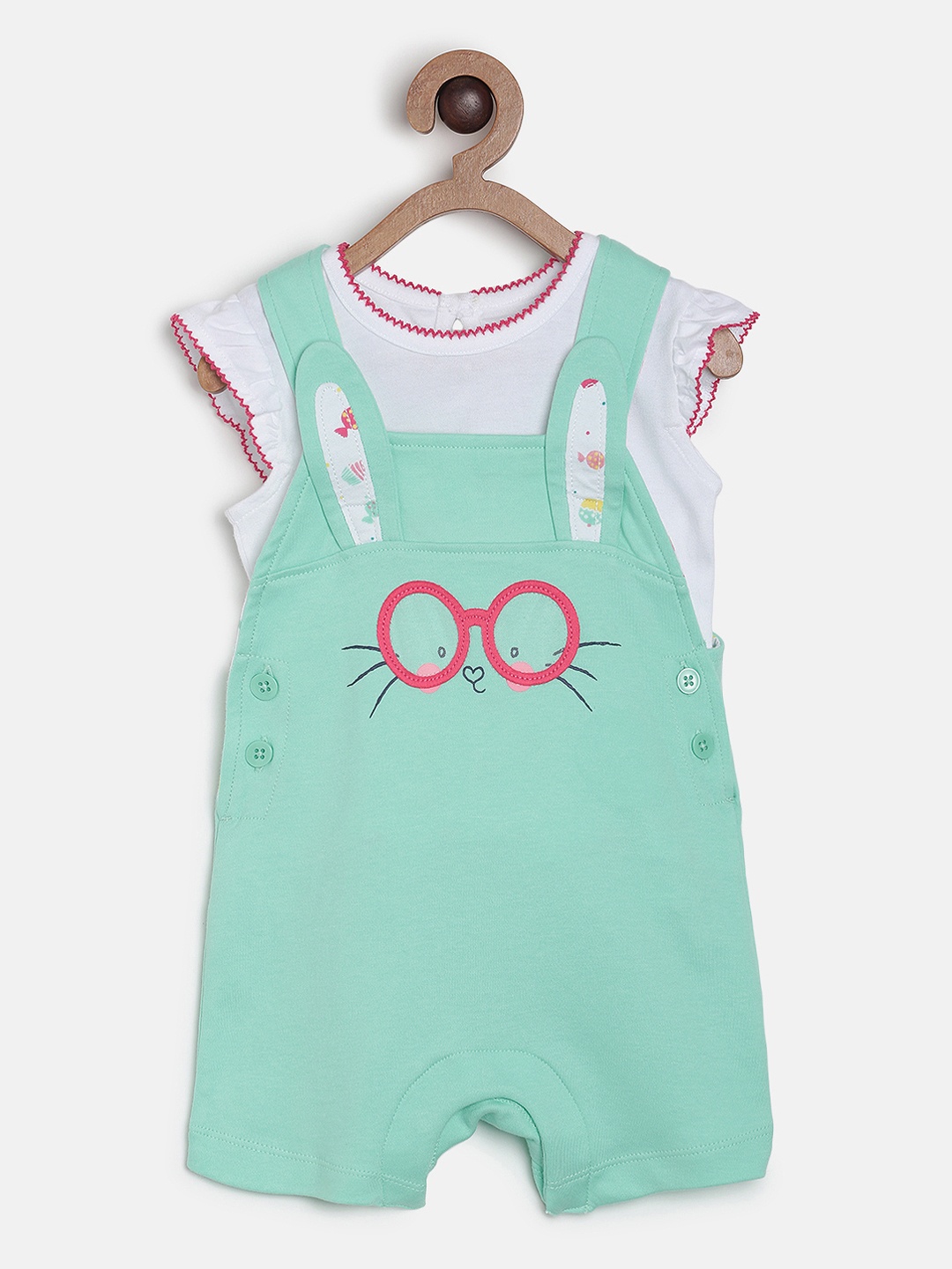 

MINI KLUB Girls White & Green Printed Dungaree with Top