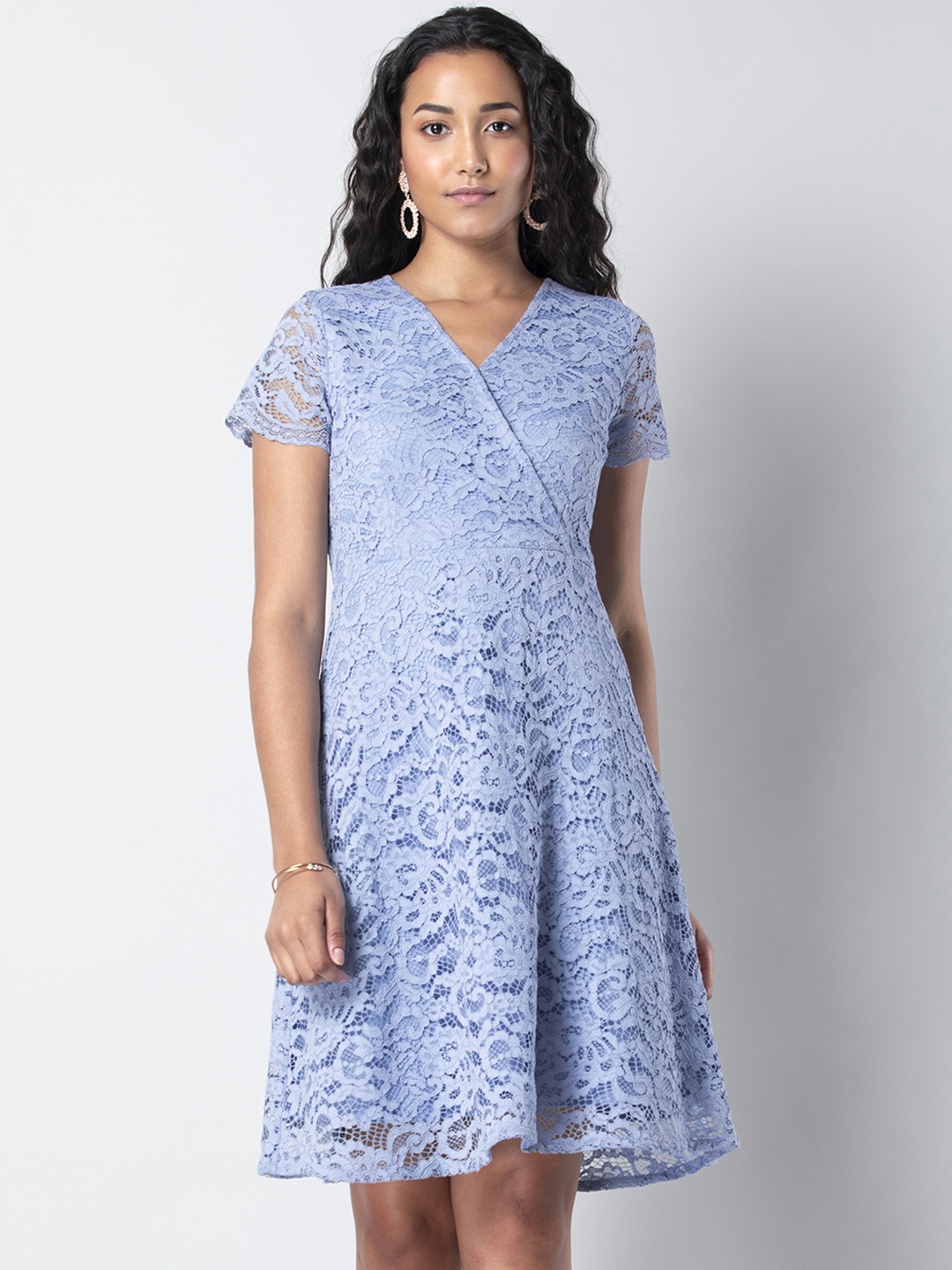 

FabAlley Women Blue Self Design Wrap Dress