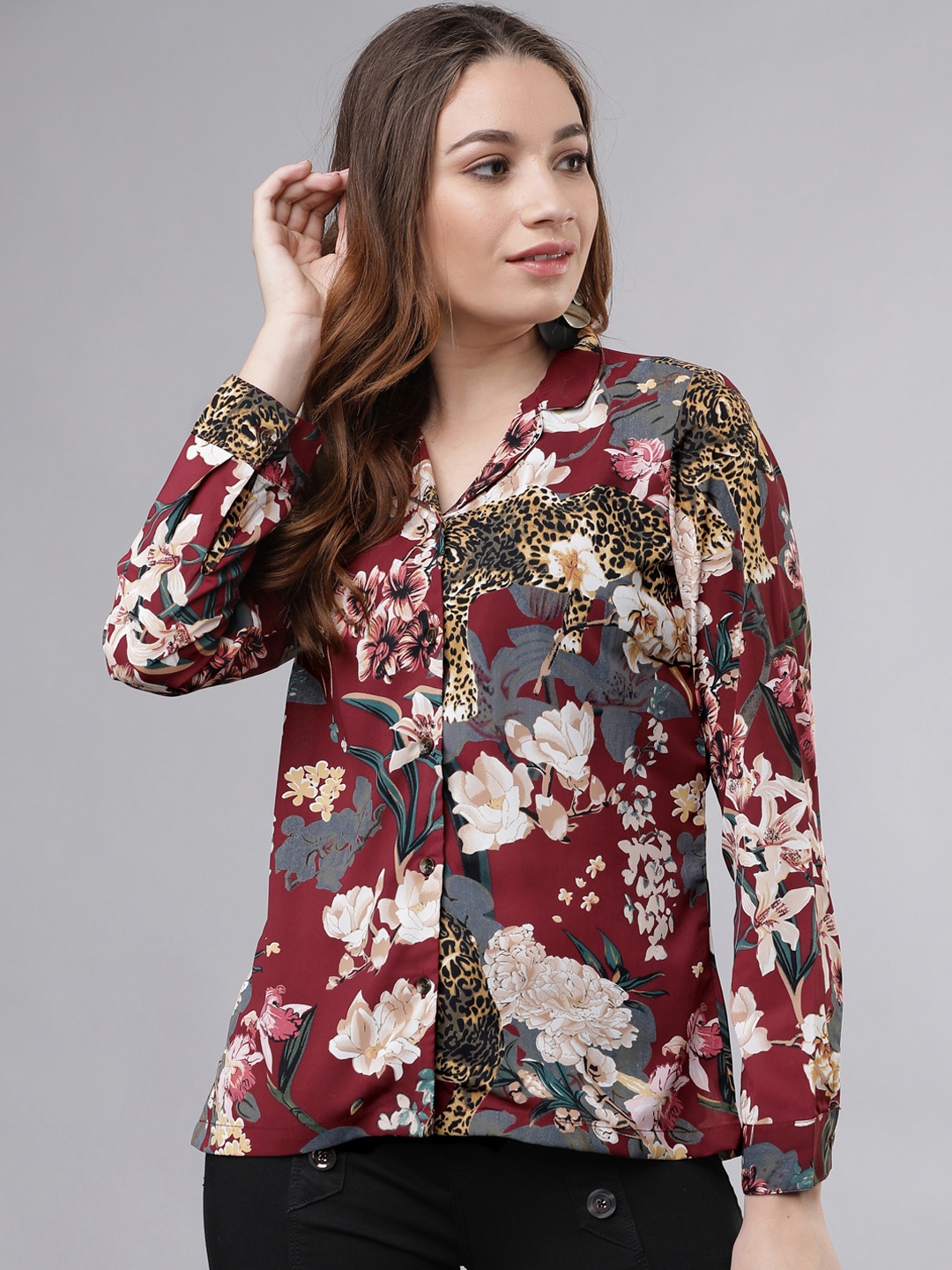 

Tokyo Talkies Women Burgundy & White Regular Fit Printed Casual Shirt