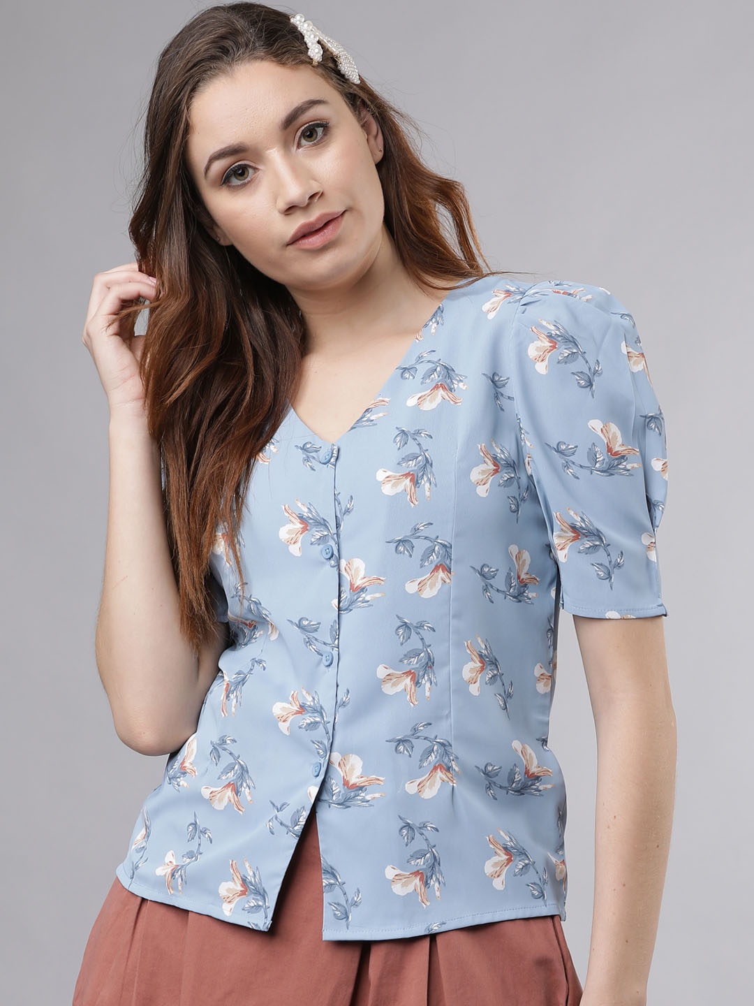 

Tokyo Talkies Women Blue Printed Shirt Style Top