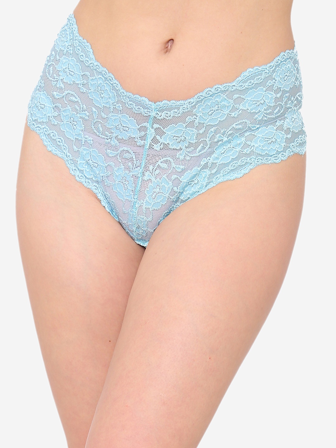 

N-Gal Women Blue Self-Design Floral Sheer Lace Criss Cross Back Thongs NTDT05