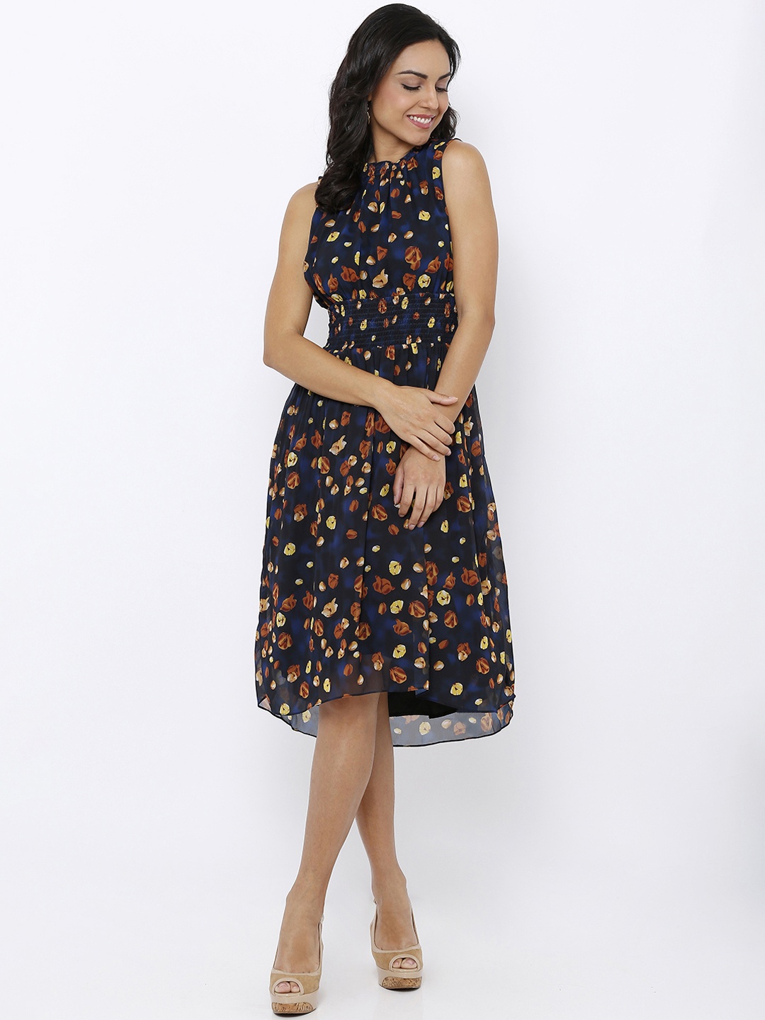 

Soie Women Navy Blue & Orange Printed Fit and Flare Dress