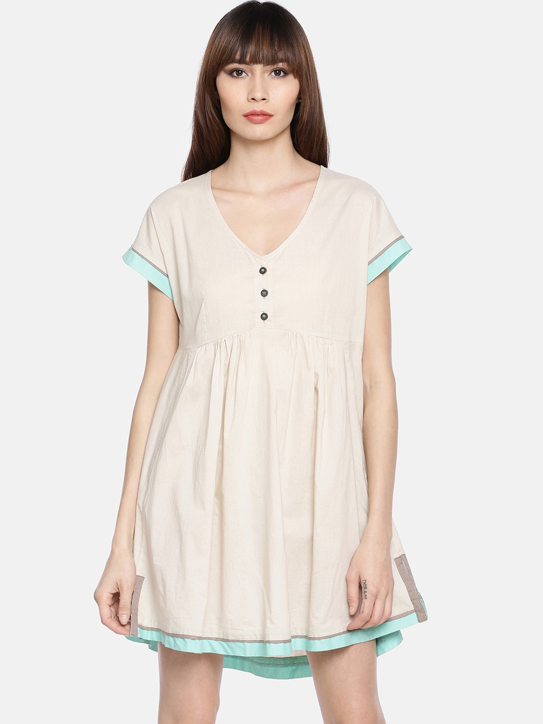 

GRASS by Gitika Goyal Women Cream-Coloured Solid Fit and Flare Dress