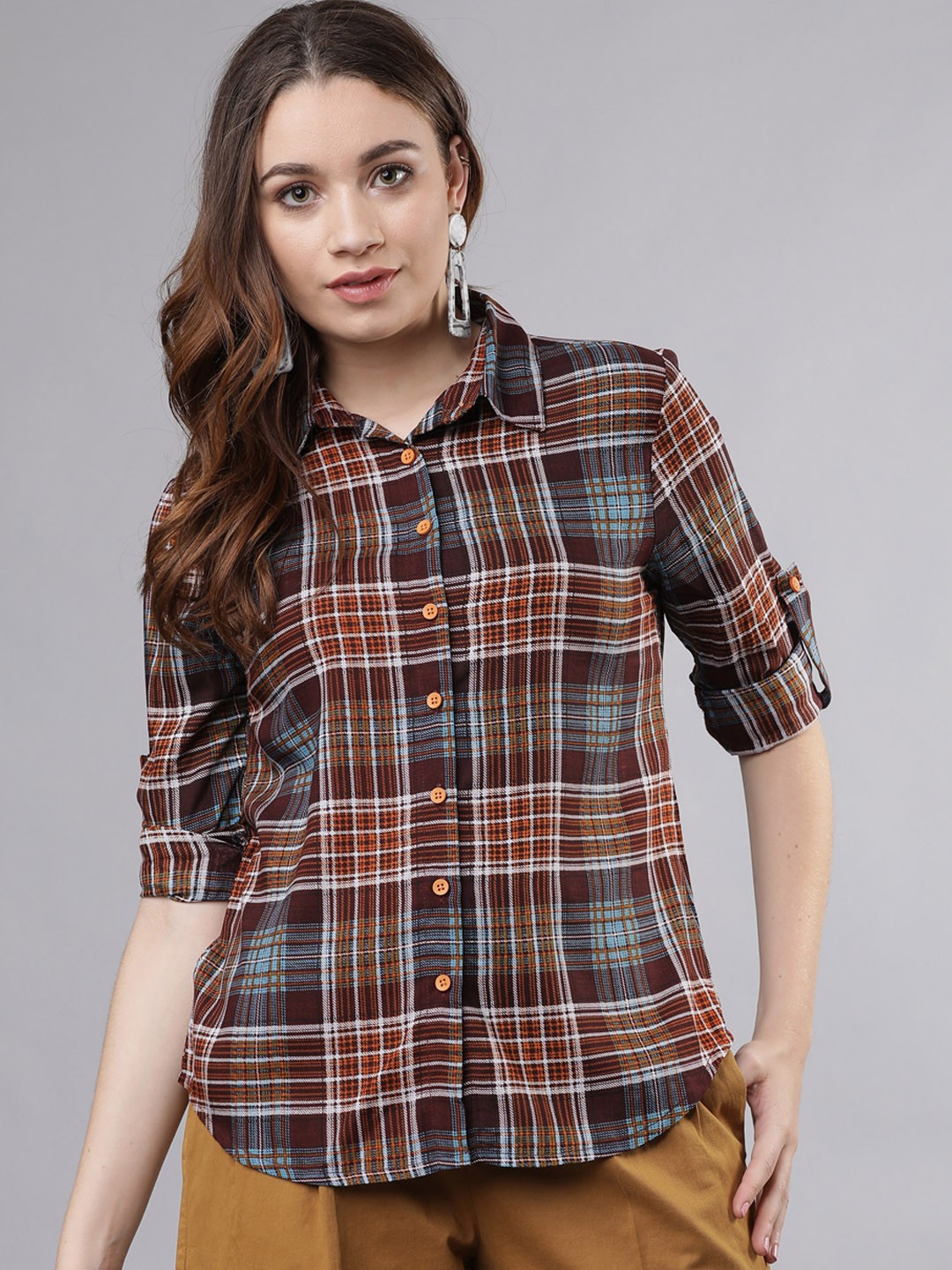 

Tokyo Talkies Women Burgundy & Turquoise Blue Regular Fit Checked Casual Shirt
