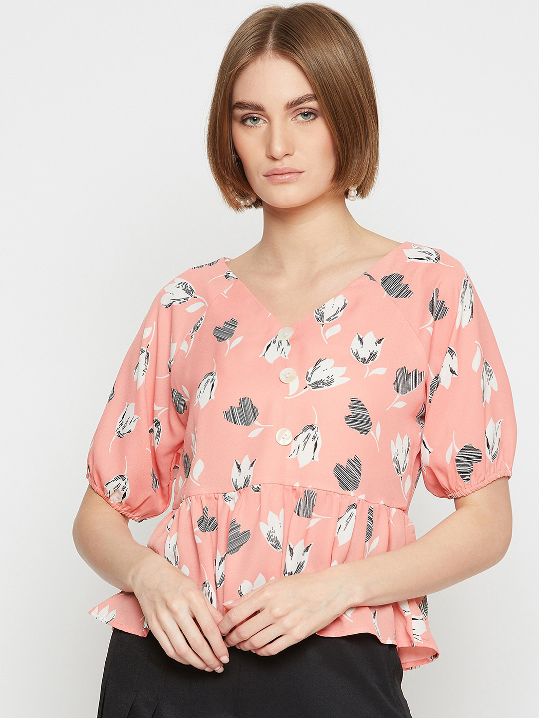 

RARE Women Pink Floral Printed Peplum Top