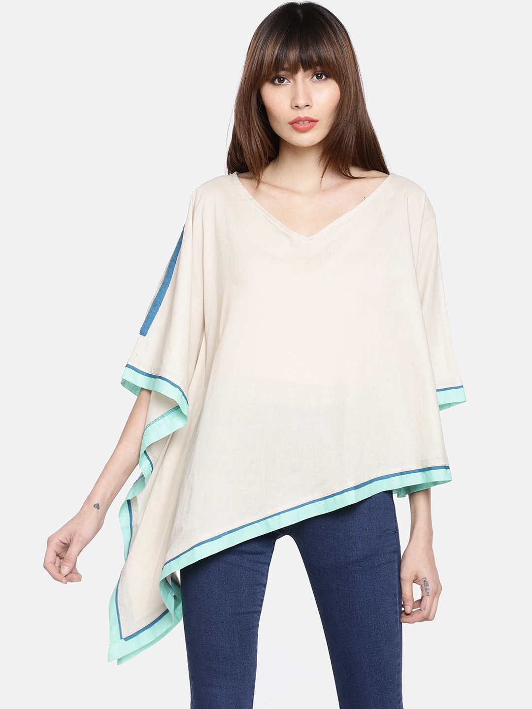 GRASS by Gitika Goyal Women Cream-Coloured Solid Kaftan Pure Cotton Top
