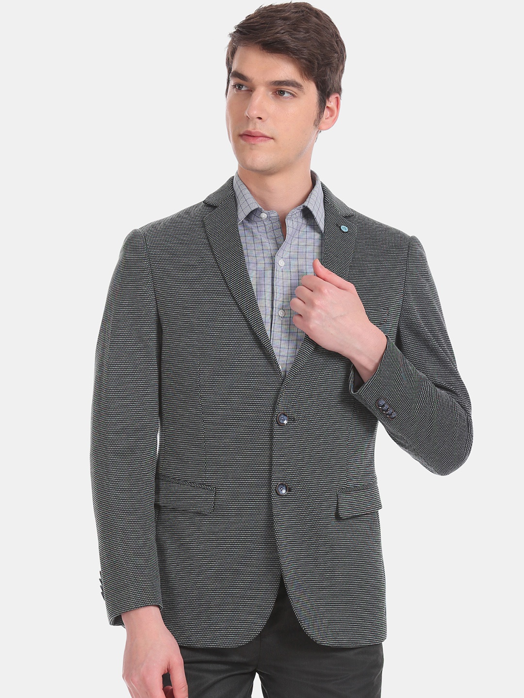 

Arrow Men Grey Self-Design Zero Calorie Slim-Fit Single-Breasted Formal Blazer
