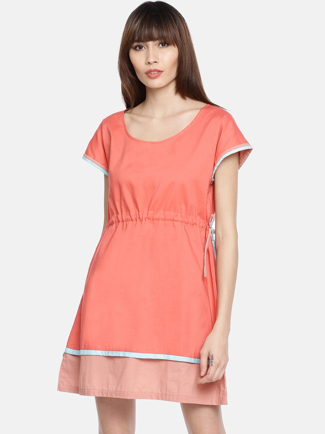 

GRASS by Gitika Goyal Women Coral Pink Colourblocked A-Line Dress