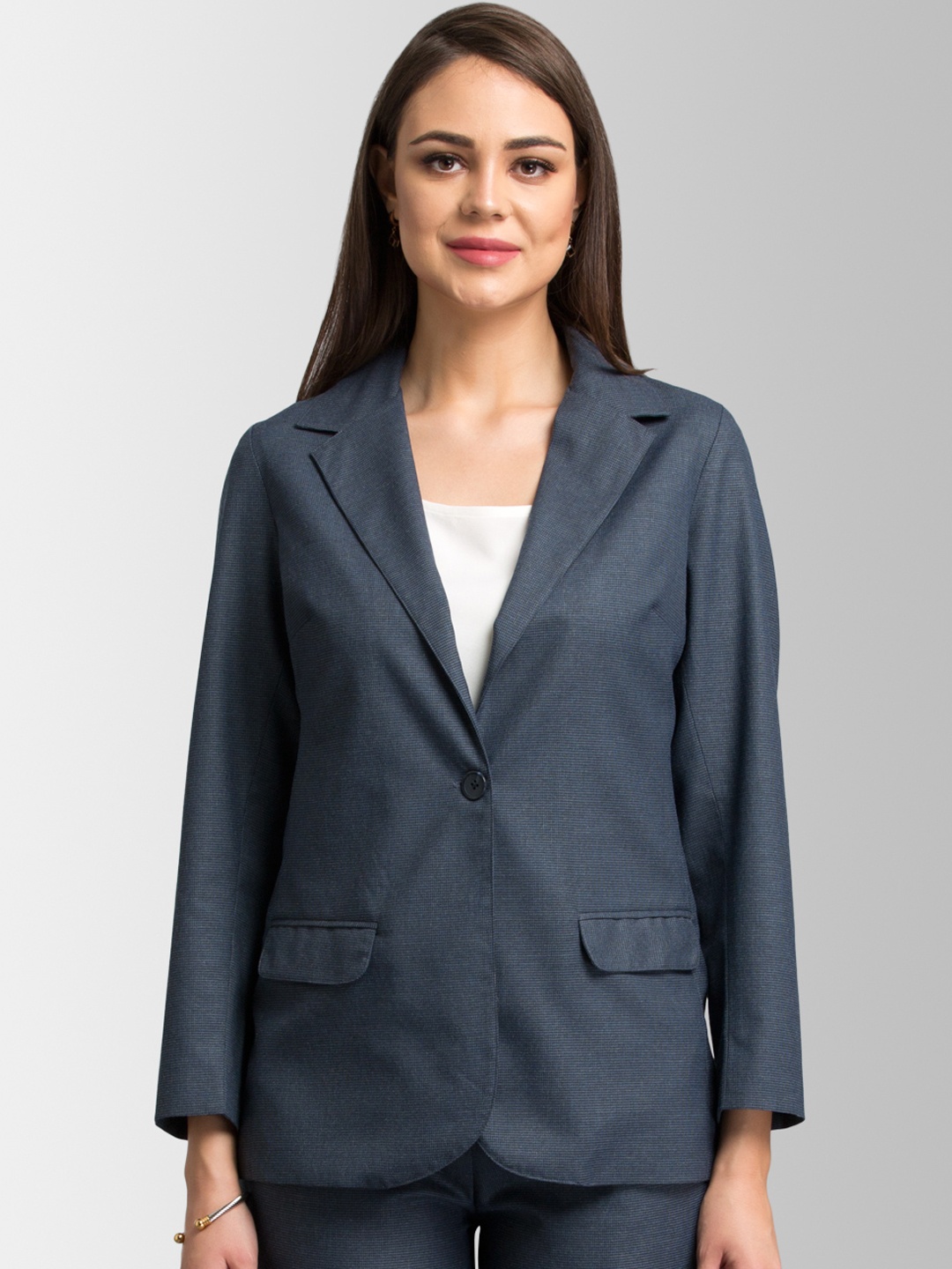 

FableStreet Women Navy Blue Solid Tailored Jacket