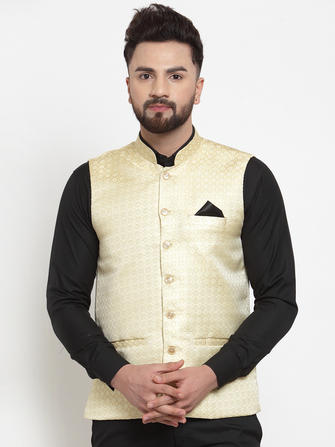 

KLOTTHE Men Beige Woven Design Satin Nehru Jacket