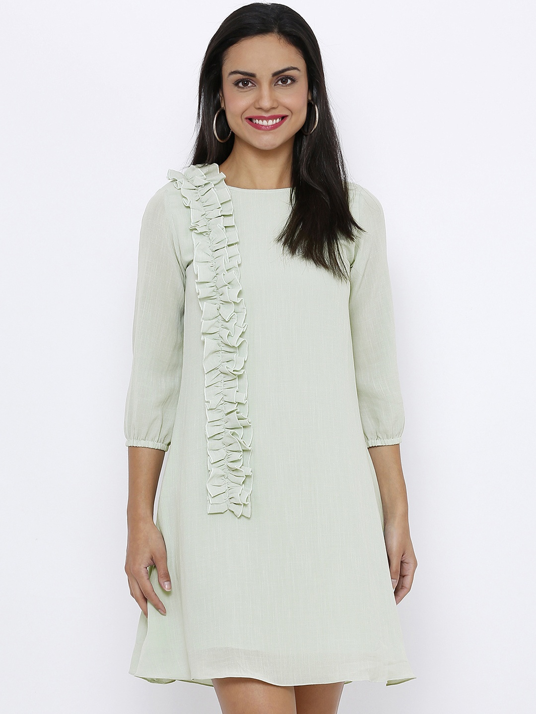 

Soie Women Green Solid Ruffle A-Line Dress