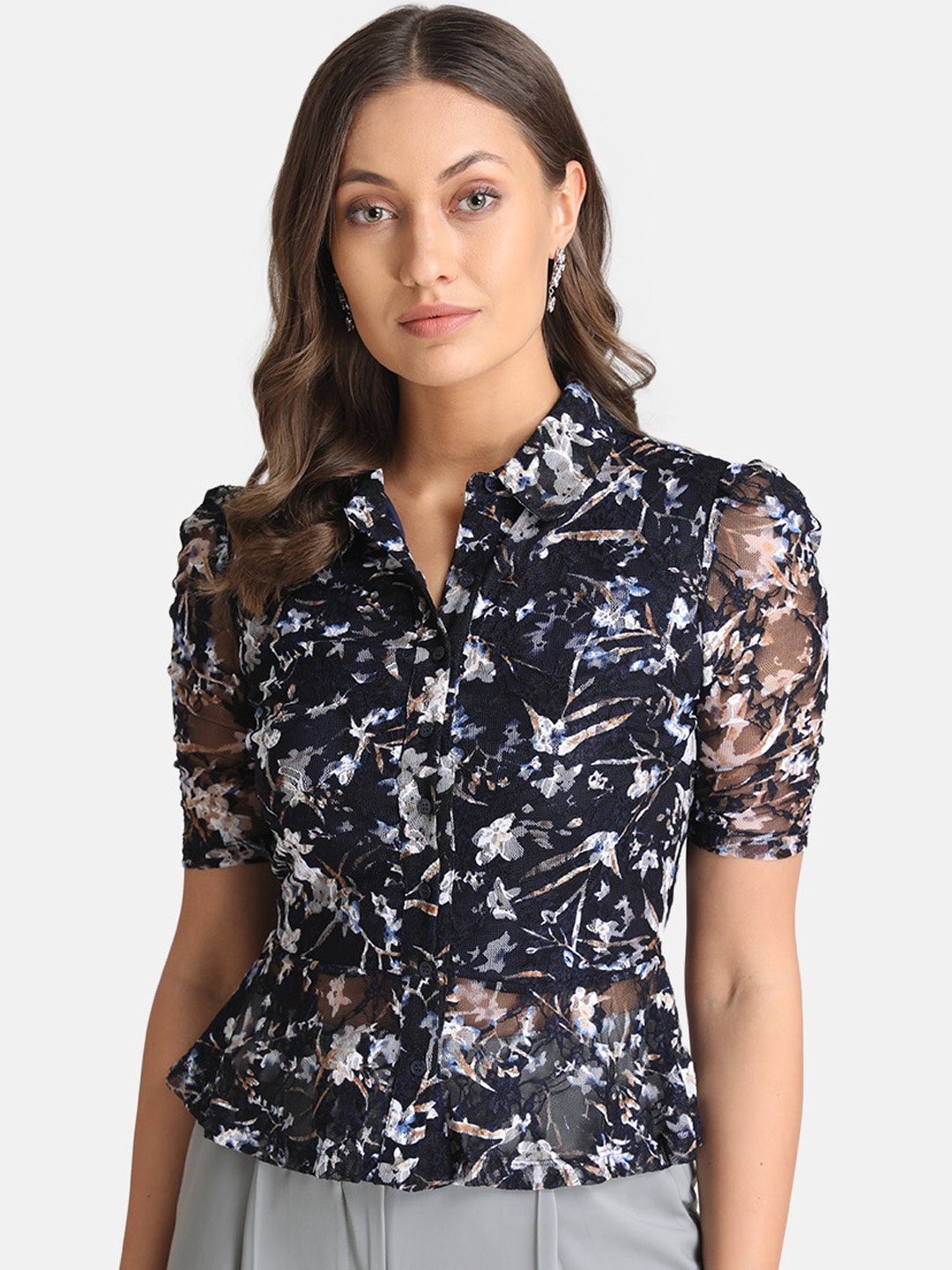 

Kazo Women Navy Blue & White Self Design Shirt Style Top
