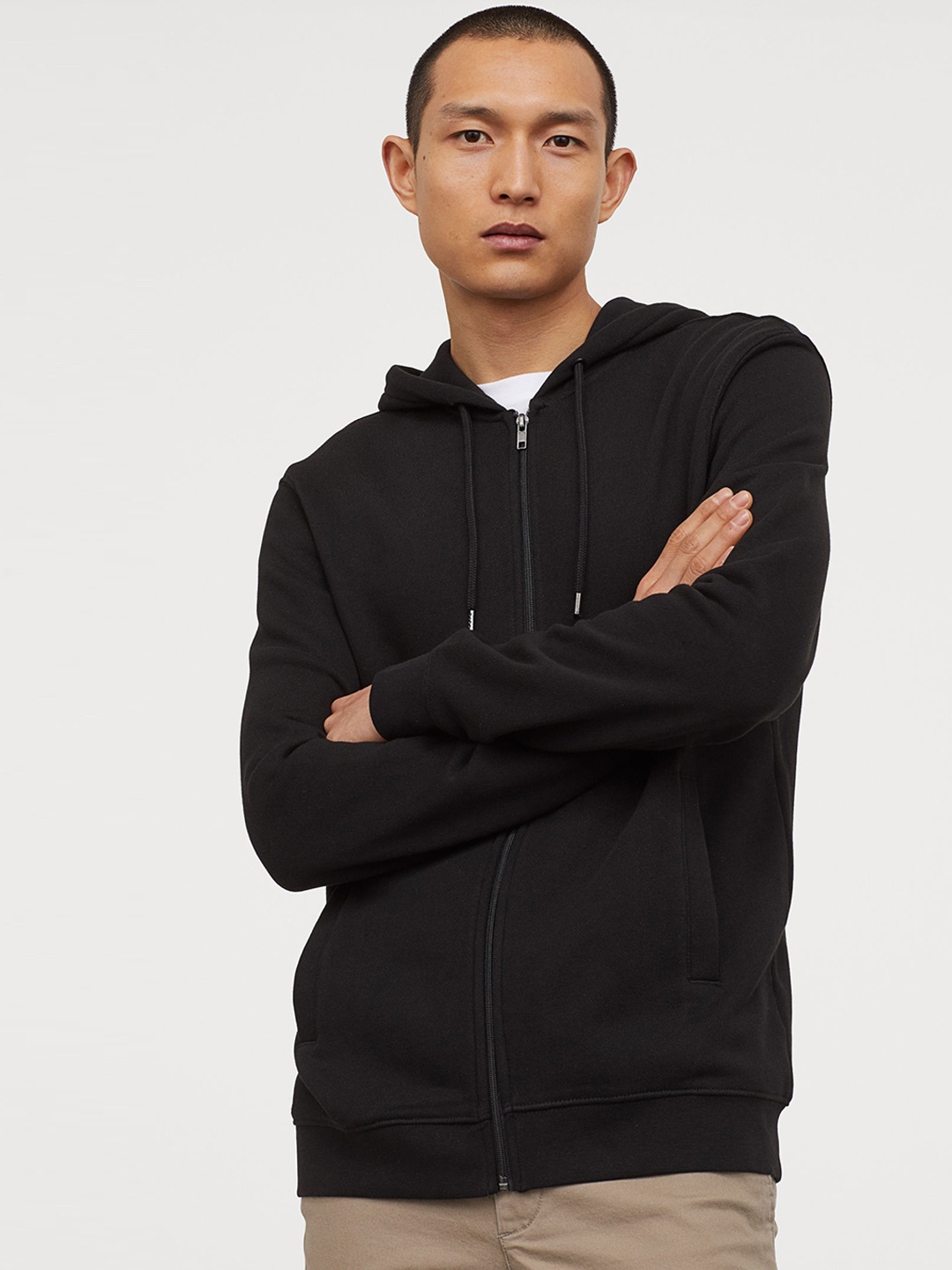

H&M Men Black Zip-Through Hoodie Regular Fit