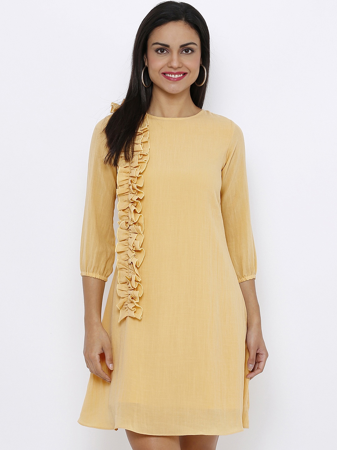 

Soie Women Yellow Solid Ruffle A-Line Dress