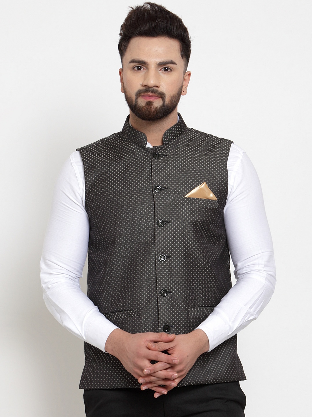 

KLOTTHE Men Black Printed Satin Nehru Jacket