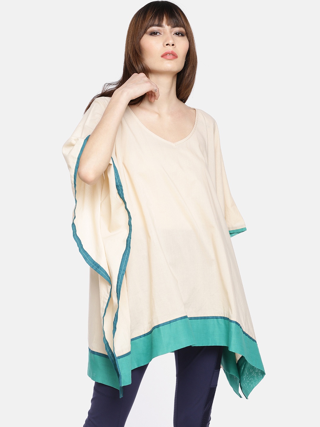 

GRASS by Gitika Goyal Women Cream-Coloured & Blue Colourblocked Kaftan Pure Cotton Top