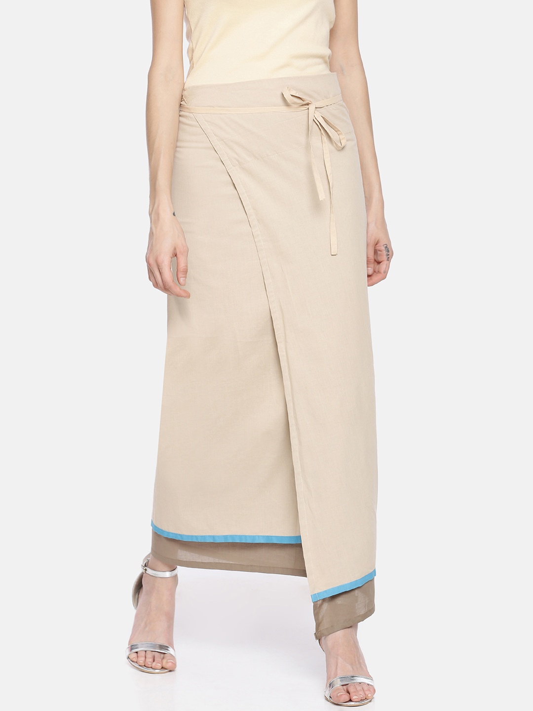 

GRASS by Gitika Goyal Women Cream-Coloured Solid Custard Apple Asymmetric Wrap Midi Skirt