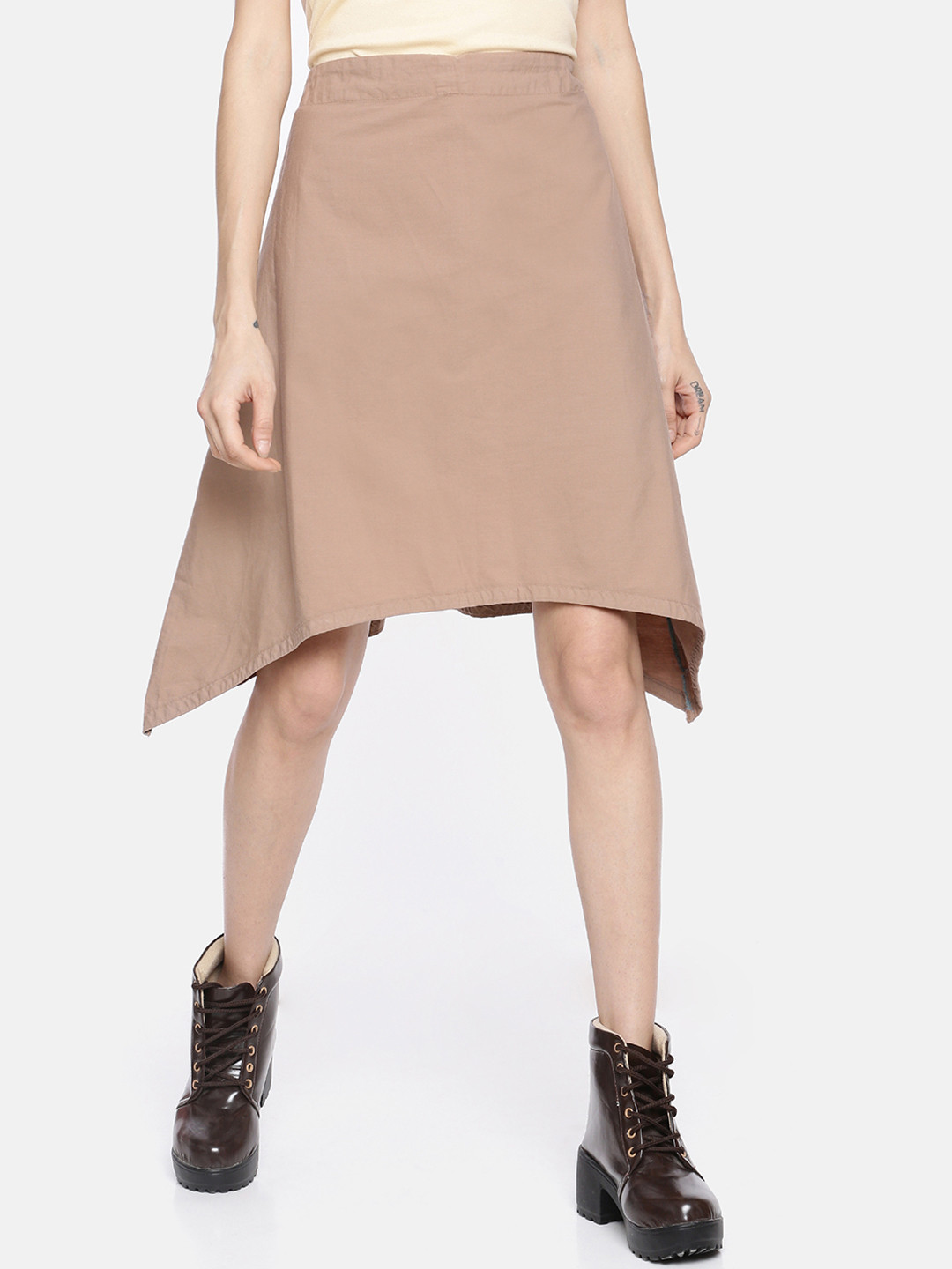

GRASS by Gitika Goyal Women Brown Solid A-Line Date Asymmetric Knee-Length Skirt