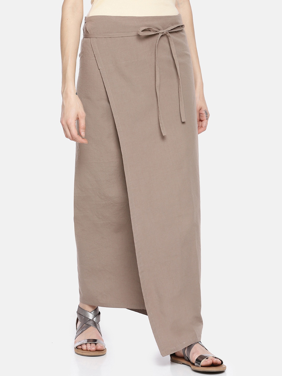 

GRASS by Gitika Goyal Women Taupe Solid Wrap Maxi Skirt, Brown