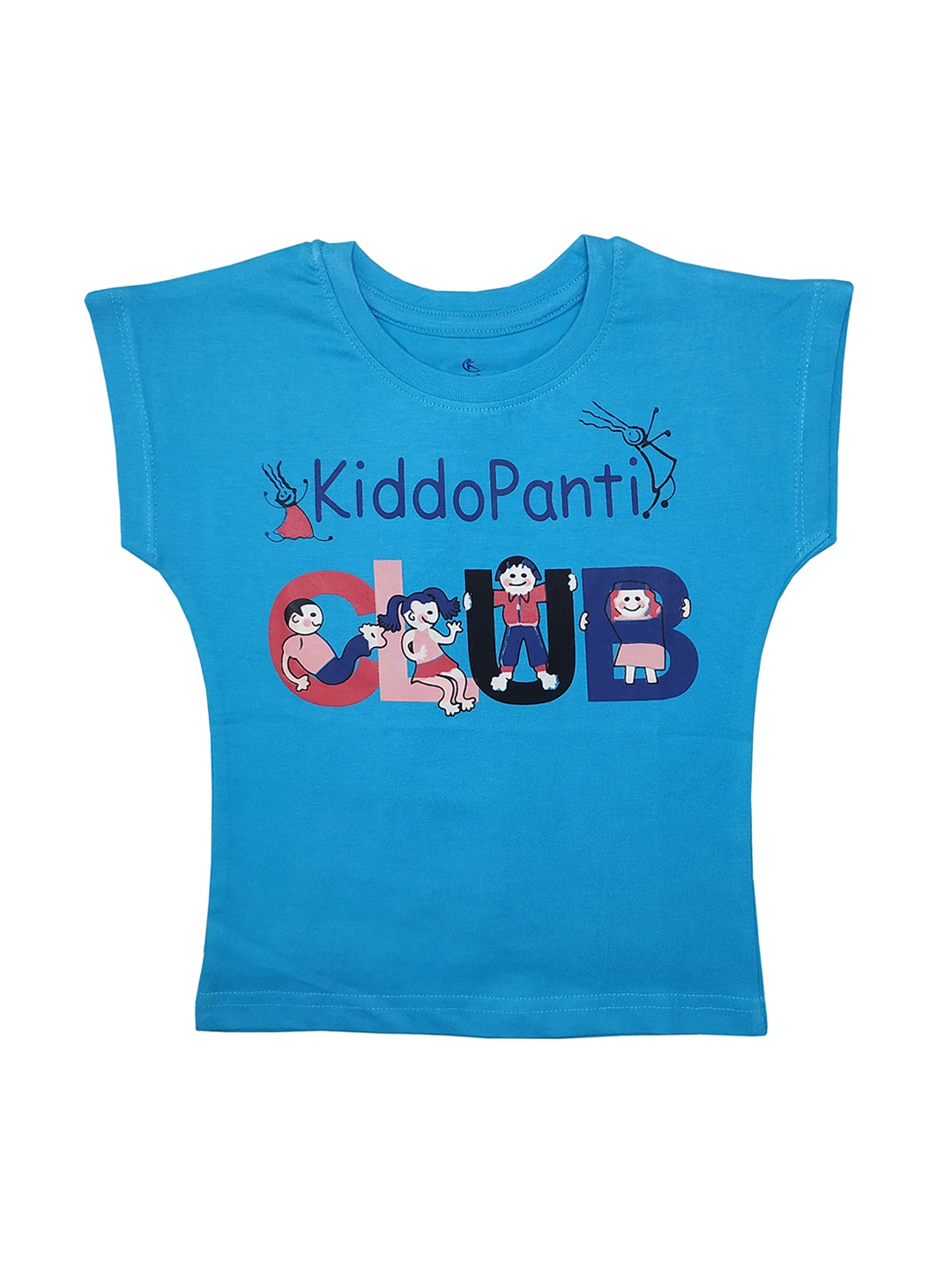 

KiddoPanti Girls Blue Printed Round Neck Pure Cotton T-shirt