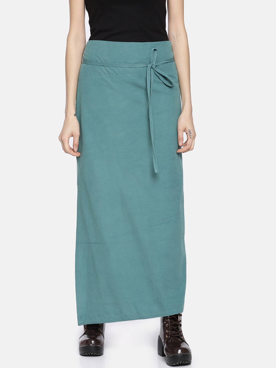 

GRASS by Gitika Goyal Women Teal Blue Solid Asymmetric Wrap Maxi Skirt