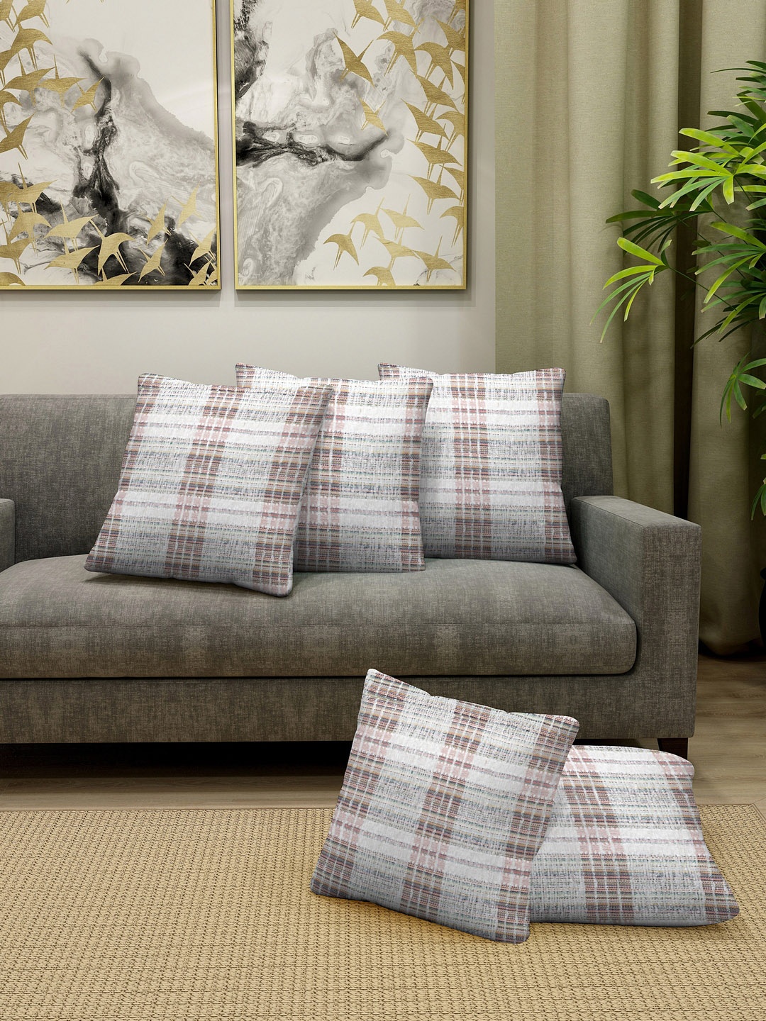 

KLOTTHE Multicoloured Set of 5 Checked Square Cushion Covers, Multi